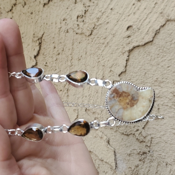 New Ammonite Fossil and Smoky Topaz 925 Silver Necklace. - Picture 8 of 16